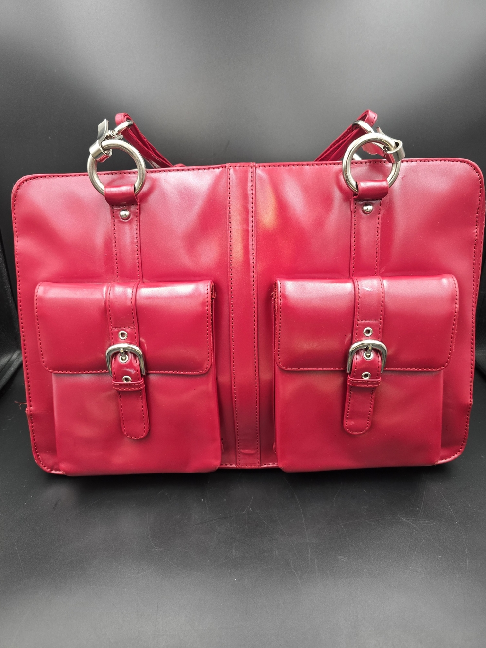 Franklin Covey Red Patent Leather Satchel with Front Buckle Pockets